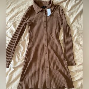 Kendall & Kylie Brown Ribbed Long Sleeve Dress